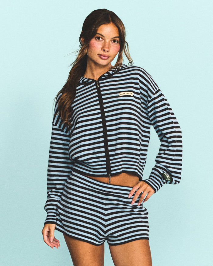 Cashmere Double Zip Hoodie - Powder + Coco Stripe