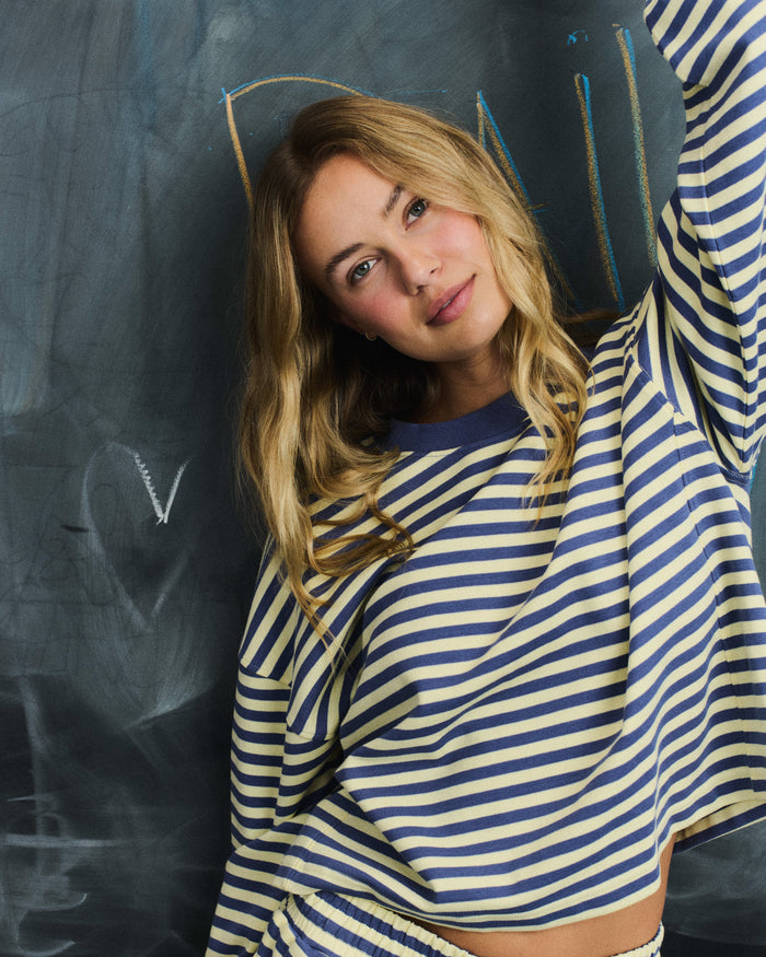 Striped Cotton Long Sleeve - Navy + Lemonade Stripe