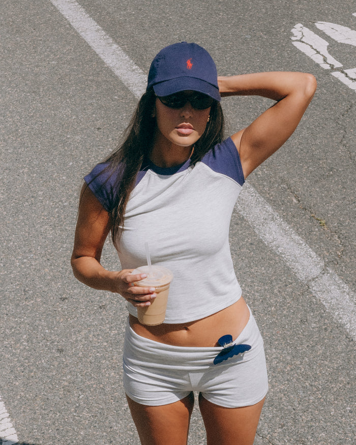 Cotton Lounge! Raglan Tee - Light Grey + Navy Sleeve