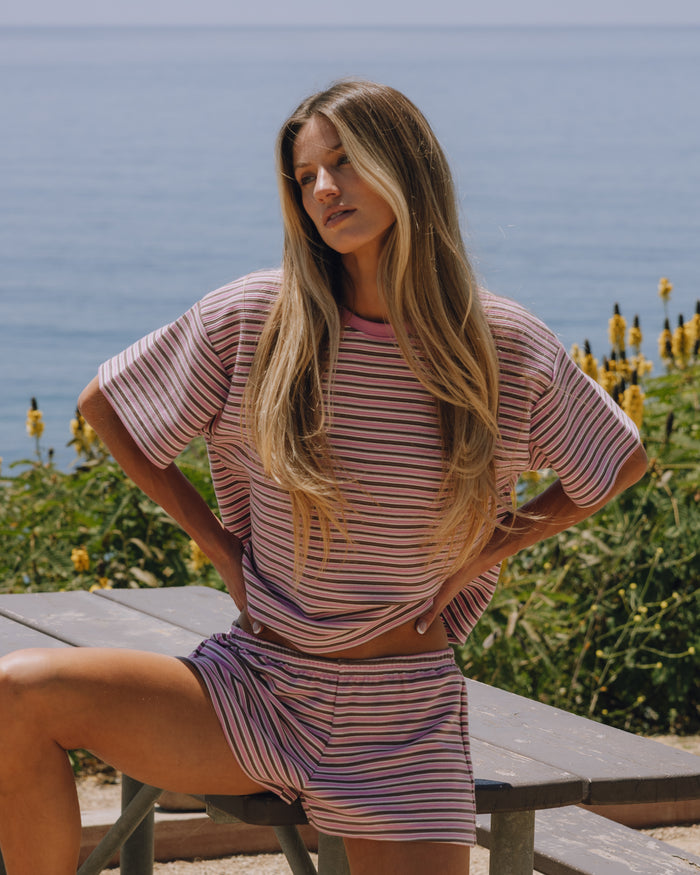 Striped Ribbed Relaxed Tee - Taffy + Mocha + Cream Stripe
