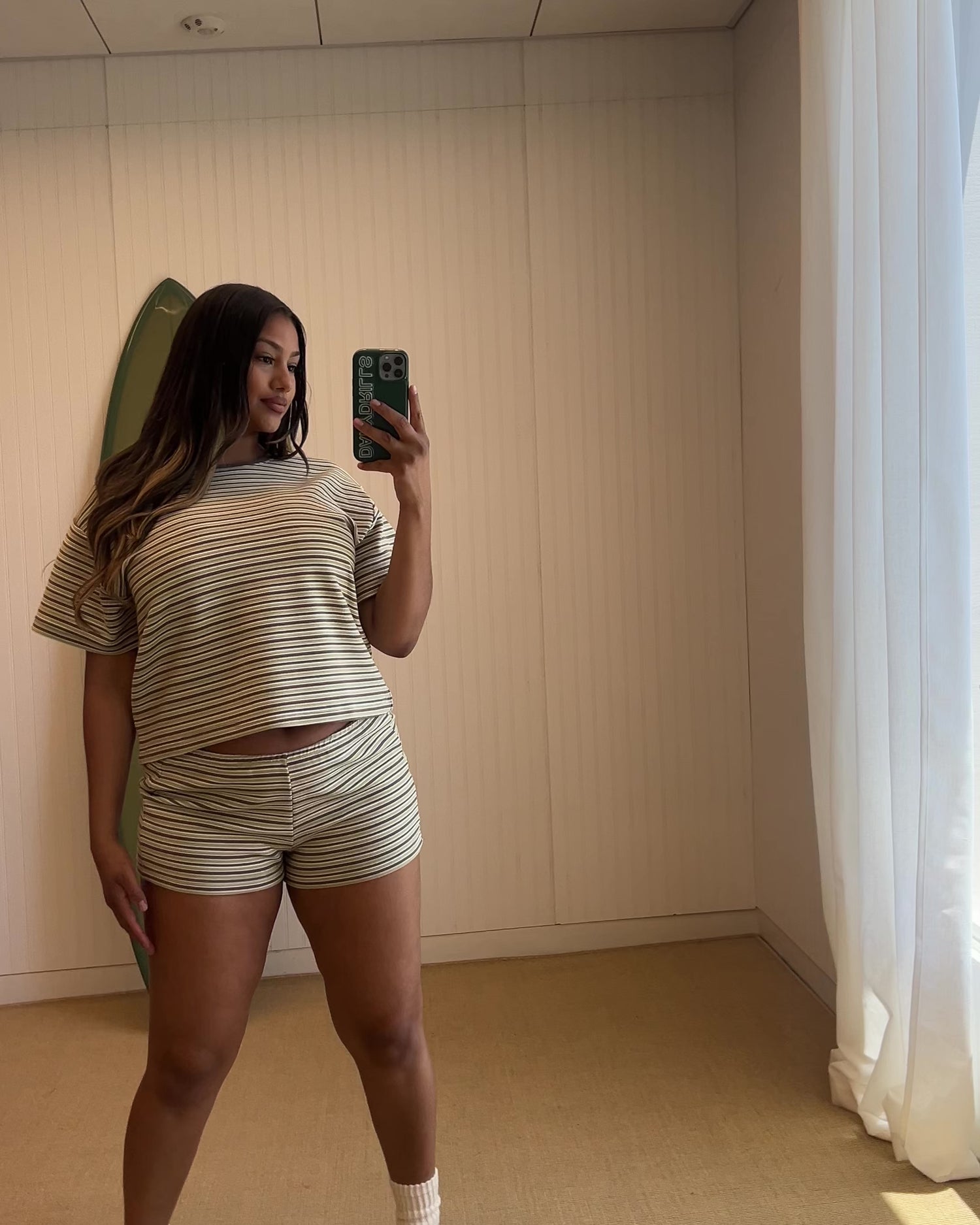 Striped Ribbed Micro Shorts - Matcha + Mocha + Cream Stripe